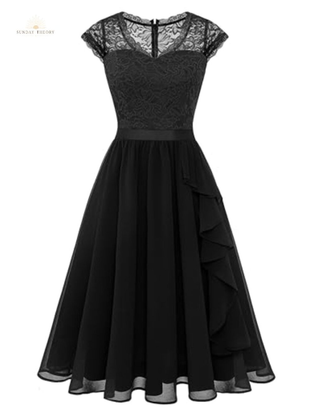 Floral Lace V-Neck Cap Sleeve Ruffle Swing Semi Formal Cocktail Dress